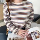 Round-neck Striped T-shirt Light Brown - One Size