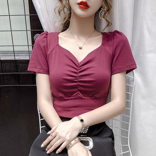 Puff-sleeve Shirred Plain Top