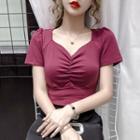 Puff-sleeve Shirred Plain Top