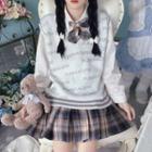 Lettering Sweater Vest / Plain Shirt / Plaid Bow Tie / Mini Pleated Skirt / Set