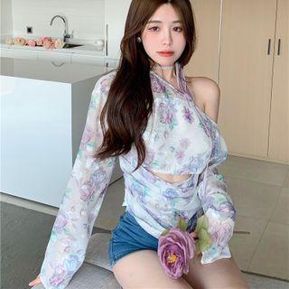 One-shoulder Floral Blouse