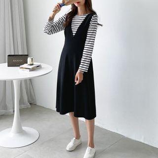 Set: Stripe T-shirt + V-neck Jumper Dress