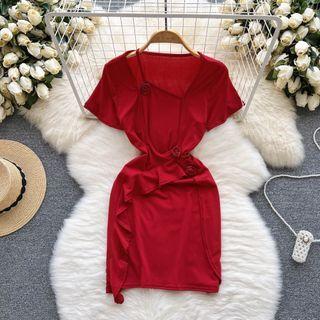 Short-sleeve Square-neck Accent-flower Ruffle Dress