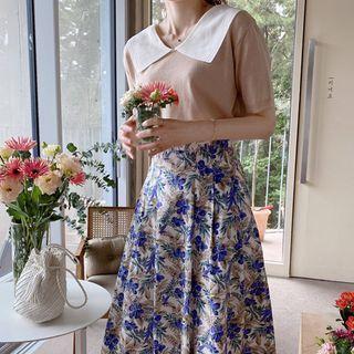 Short-sleeve Contrast-collar Knit Top Sky Blue - One Size