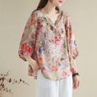 Elbow-sleeve Floral Print Blouse Pink - One Size