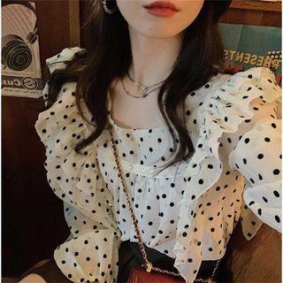 Balloon-sleeve Ruffled Dotted Chiffon Blouse
