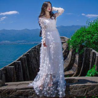 Flower Applique Long-sleeve A-line Maxi Mesh Dress