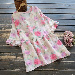 Elbow-sleeve Floral Print Tunic Top Pink - One Size