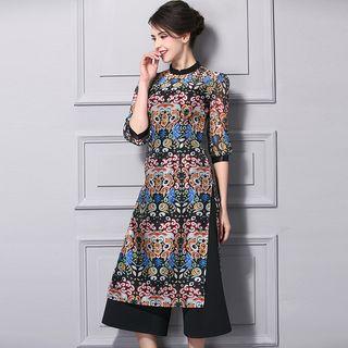 Set: Patterned 3/4 Sleeve Dress + Camisole Top + Culottes
