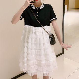 Short Sleeve Layered Mesh Panel Polo Dress Black - One Size