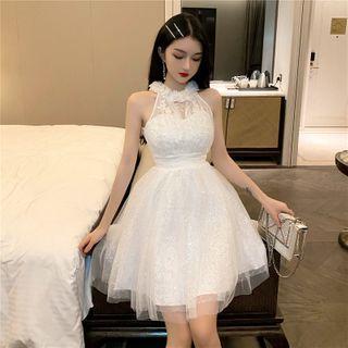Flower Accent Halter-neck Sequined Mesh Mini A-line Dress