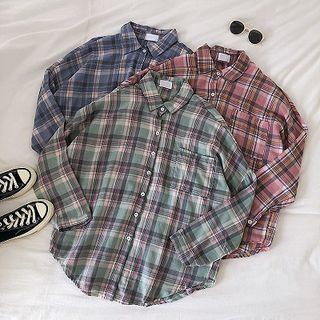 Single-breasted Color-block Plaid Long-sleeve Blouse