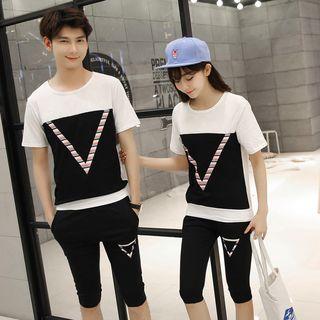 Couple Matching Set: Color Block Short Sleeve T-shirt + Cropped Pants