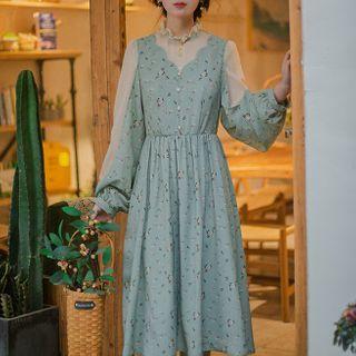 Long-sleeve Chiffon Panel Floral Print Midi Dress
