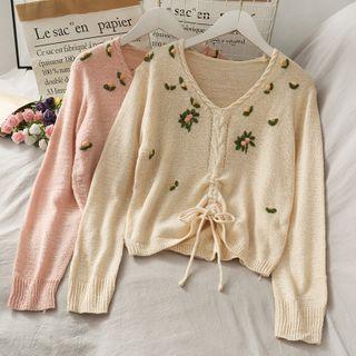 Embroidered Drawstring Light Knit Top