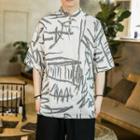 Elbow-sleeve Stand Collar Abstract Print T-shirt