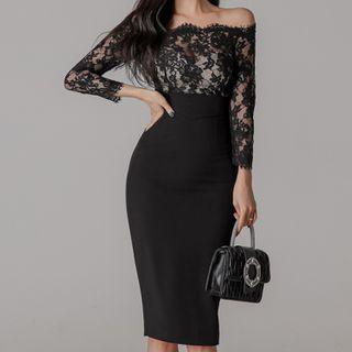 Long-sleeve Off-shoulder Lace Sheath Dress