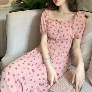 Balloon-sleeve Dotted Midi A-line Dress Dots - Pink - One Size