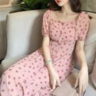 Balloon-sleeve Dotted Midi A-line Dress Dots - Pink - One Size