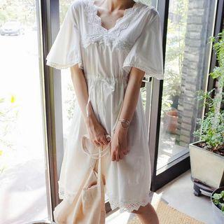 Ruffle-sleeve V-neck Cutout Chiffon Dress