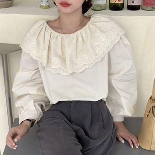 Long-sleeve Eyelet Lace Panel Blouse Off-white - One Size