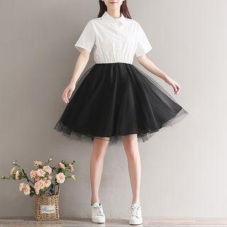 Mock Two Piece Short Sleeve Collared Mesh Overlay Dress