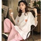 Peach Embroidered Elbow-sleeve T-shirt / Cropped Wide-leg Pants