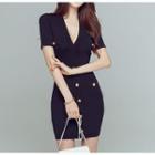 Short-sleeve V-neck Knit Mini Bodycon Dress