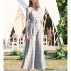 Set: Sleeveless Lace Top + Spaghetti Strap Plaid Jumpsuit