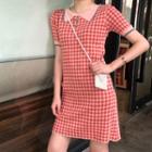 Short-sleeve Plaid Knit Dress As Shown In Figure - One Size