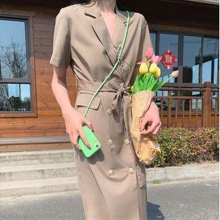 Short-sleeve Tie-waist Midi Blazer Dress