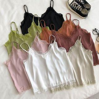 Plain Lace-trim V-neck Strap Top