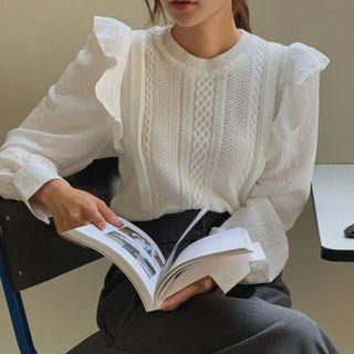 Embroidered-sleeve Ruffle-trim Knit Top