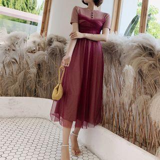 Striped Short-sleeve Mesh Overlay A-line Midi Dress