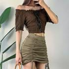 Short-sleeve Off-shoulder Lace-up Crop Top / Drawstring Mini Pencil Skirt