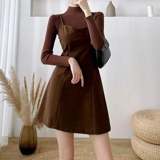Long-sleeve High-neck Plain Knit Top / Plain Woolen Spaghetti-strap Mini Dress (various Designs)