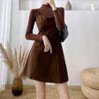Long-sleeve High-neck Plain Knit Top / Plain Woolen Spaghetti-strap Mini Dress (various Designs)