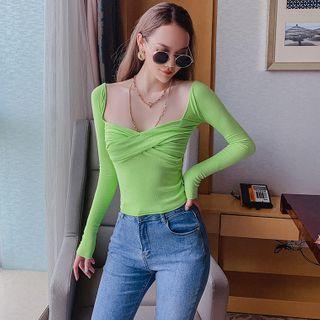 Deep Square-neck Rushed Crop T-shirt In 5 Colors