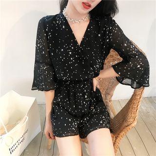 Star Print 3/4-sleeve Chiffon Playsuit