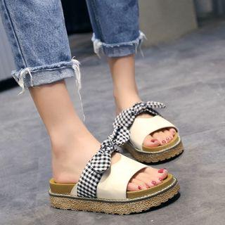 Plaid Bow Slide Platform Sandals