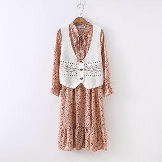 Set: Knit Vest + Long-sleeve Printed Midi Dress