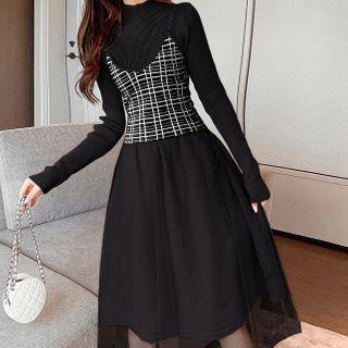 Set: Plaid Camisole Top + Knit Midi A-line Dress