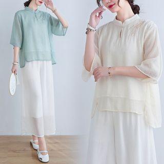 Elbow-sleeve Mandarin Collar Top