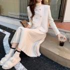 Double-breasted Fleece Vest / Long-sleeve Top / Accordion Pleat Midi Skirt