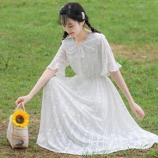 Short-sleeve Collar Chiffon Midi A-line Dress