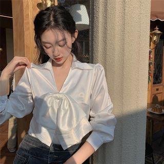 Bow-accent Long-sleeve Blouse White - One Size