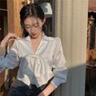 Bow-accent Long-sleeve Blouse White - One Size
