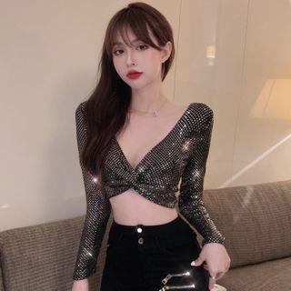 Long-sleeve Twist-front Glitter Crop Top Silver - One Size