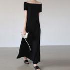 Off-shoulder Short-sleeve Maxi A-line Dress Black - One Size
