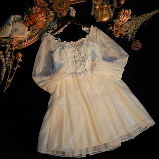 Mock Two-piece Long-sleeve Lace-up Dress